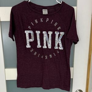 PINK Victoria's Secret Deep Maroon Short Sleeve Sequin Logo Tee